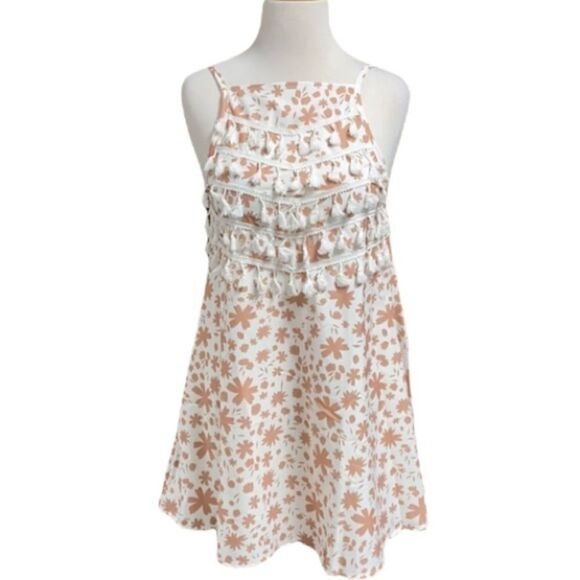 Boho Floral Fringe Tank Dress Taupe/white Size Small NWT - Picture 1 of 6